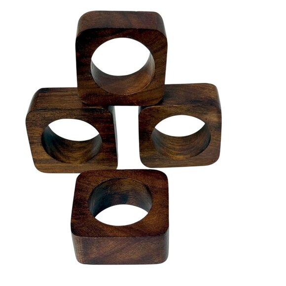 Wooden Napkin Rings Set of 4 MCM Modern Style Brown Wood - Picture 6 of 7